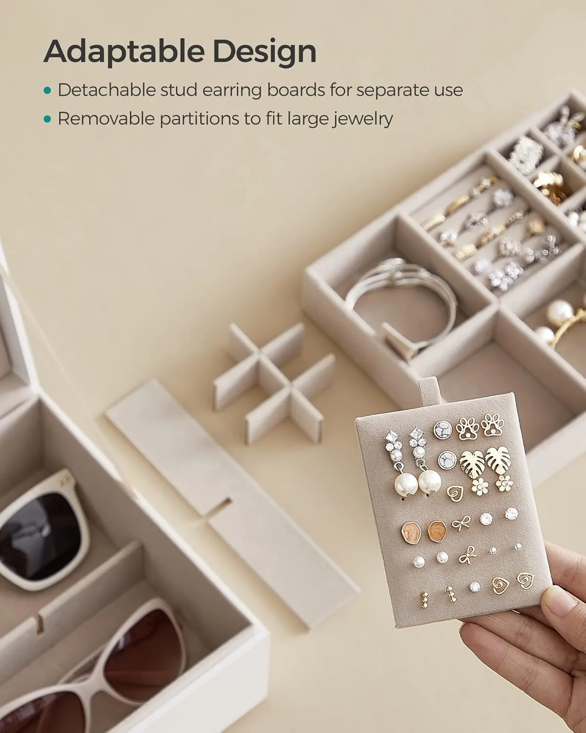 SONGMICS 2-Layer Jewelry Box, Jewelry Organizer with Handle, Removable Jewelry Tray, Jewelry Storage, Floating Effect, 8.1 x 9.4 x 4.3 Inches, Gift Idea, White UJBC165W01