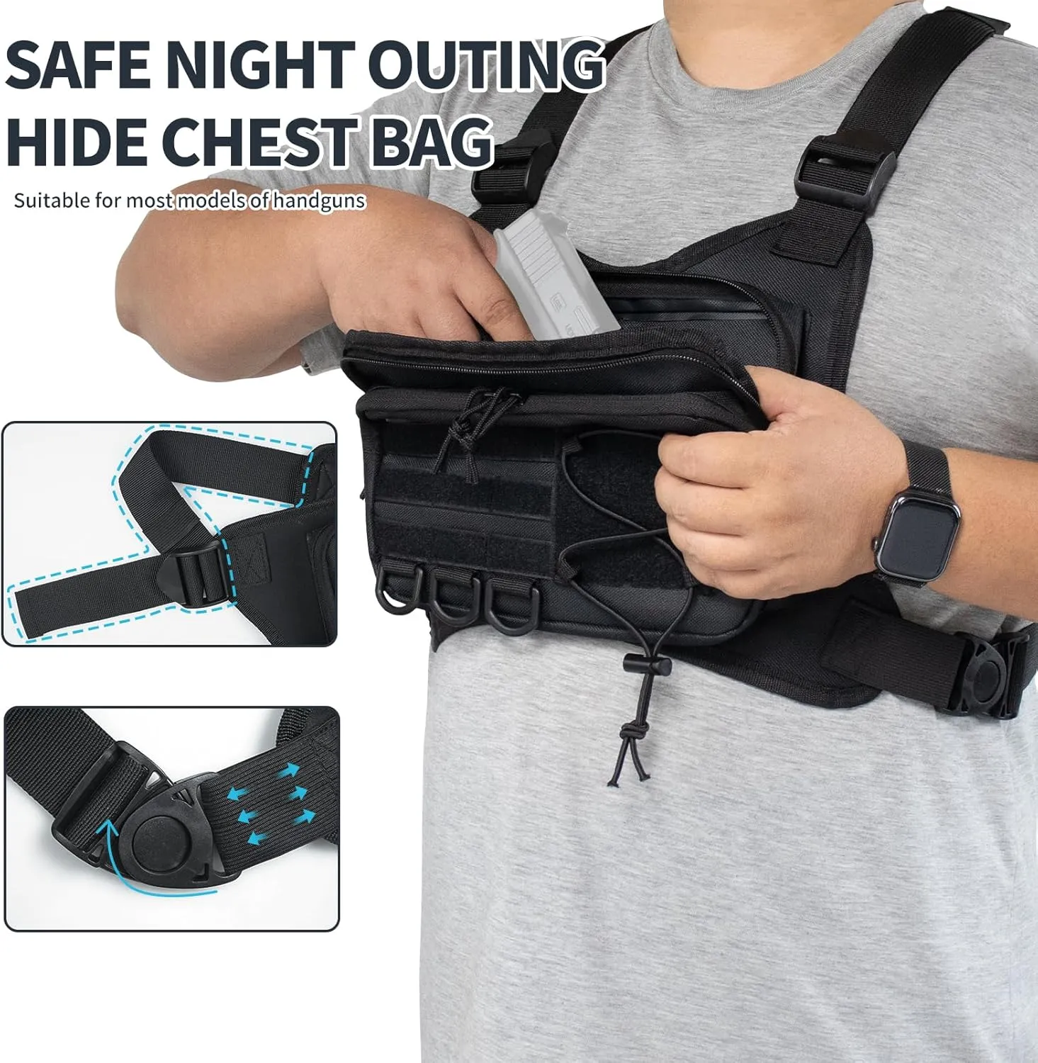 Sports Running Chest Bag for Men Woman, CCW Outdoor Chest Pack EDC Tactical Vest with Built in Phone Fixed Strap Pistol Holster, Breathable Vest Pouch for Workouts Hiking Walking Dog Black