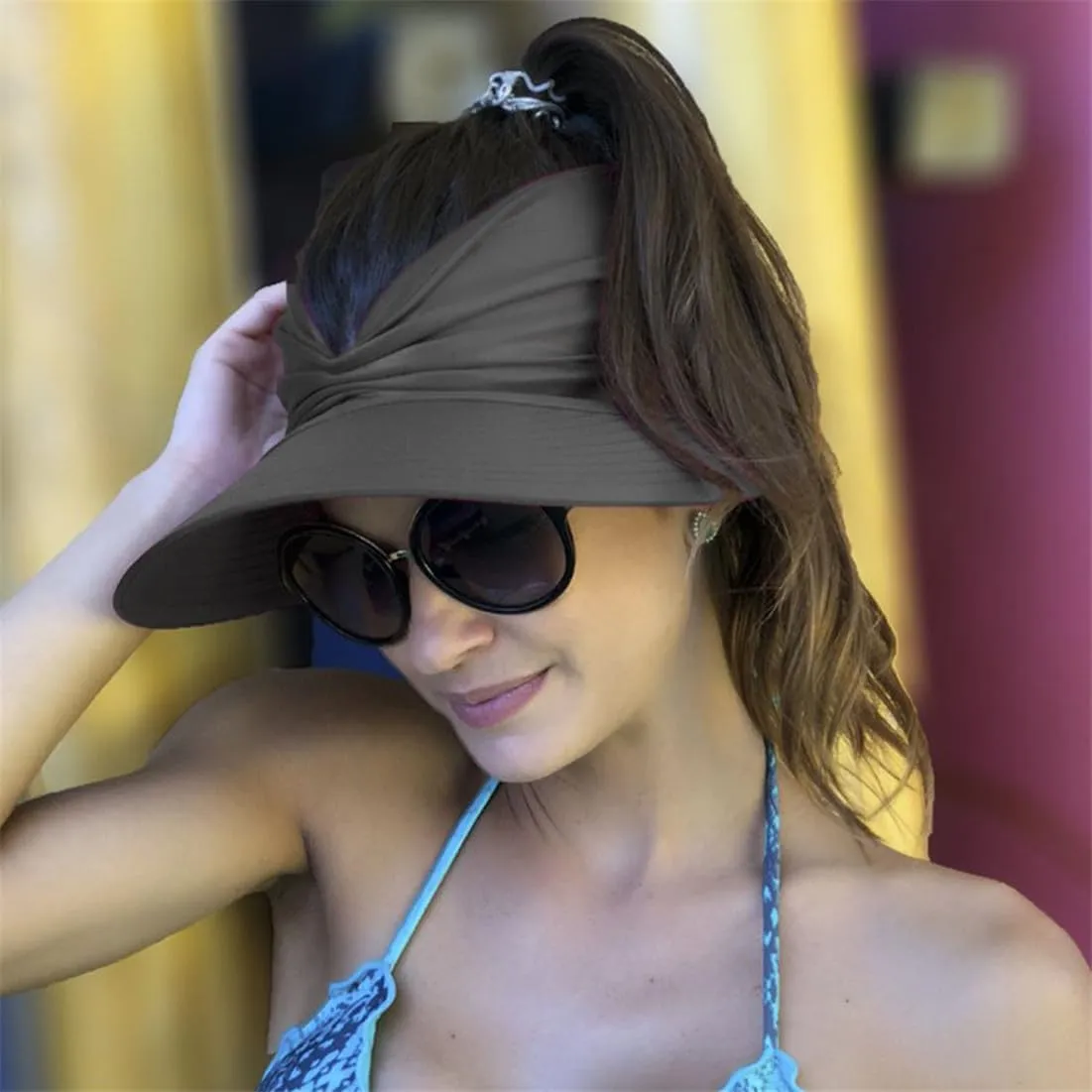 Sun Hat Women Beach Visor Cap UV Protection with Wide Brim Packable Summer Sport Ponytail Sun Cap