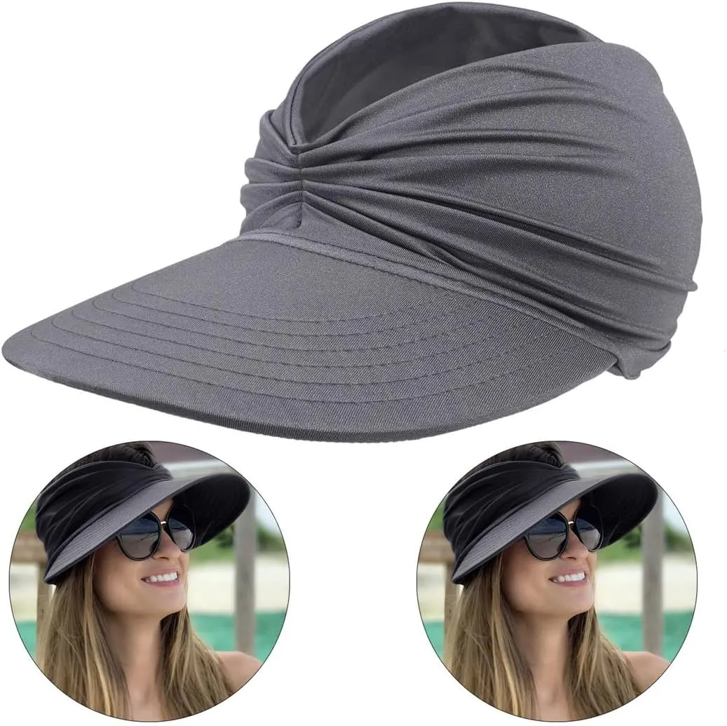 Sun Hat Women Beach Visor Cap UV Protection with Wide Brim Packable Summer Sport Ponytail Sun Cap