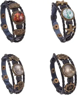 SUNNYCLUE DIY 4 Sets Braided Leather Bracelet Making Kit Multilayer Rope Bangle Cuff Wristband with Blank Alloy Cabochon Bezel Tray, Clear Glass Cabochon 18mm, Button Adjust, Mixed Shapes