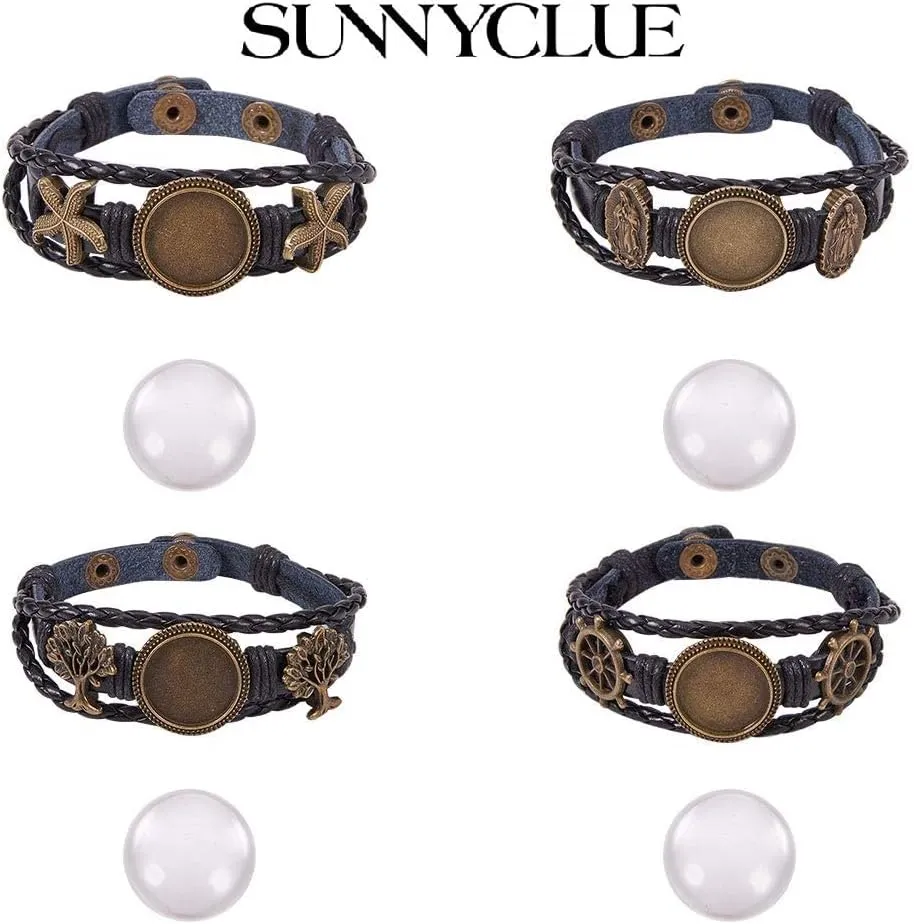 SUNNYCLUE DIY 4 Sets Braided Leather Bracelet Making Kit Multilayer Rope Bangle Cuff Wristband with Blank Alloy Cabochon Bezel Tray, Clear Glass Cabochon 18mm, Button Adjust, Mixed Shapes