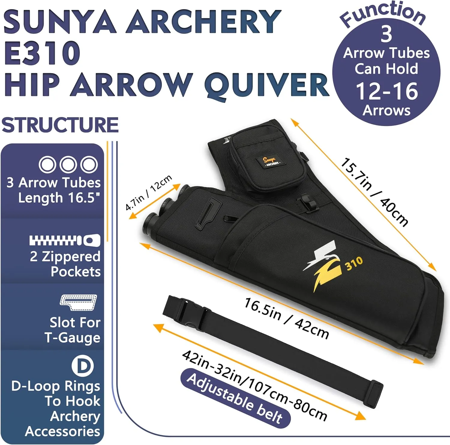 SUNYA Archery Hip Quiver for Arrows. Includes 3 Tubes Arrow Holder, Accessories Pockets and Waist Belt. Fit for Compound and Recurve Bow Practice.