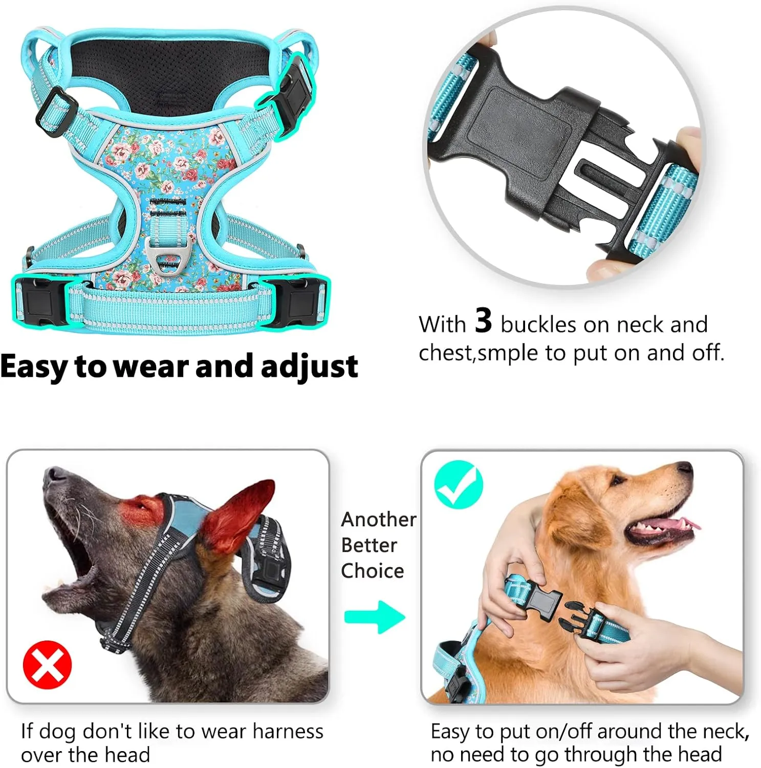 Timos Dog Harness, No-Pull Pet Harness with 2 Leash Clips, Adjustable Soft Padded Dog Vest, Reflective Outdoor Pet Oxford Vest with Easy Control Handle Sky Blue