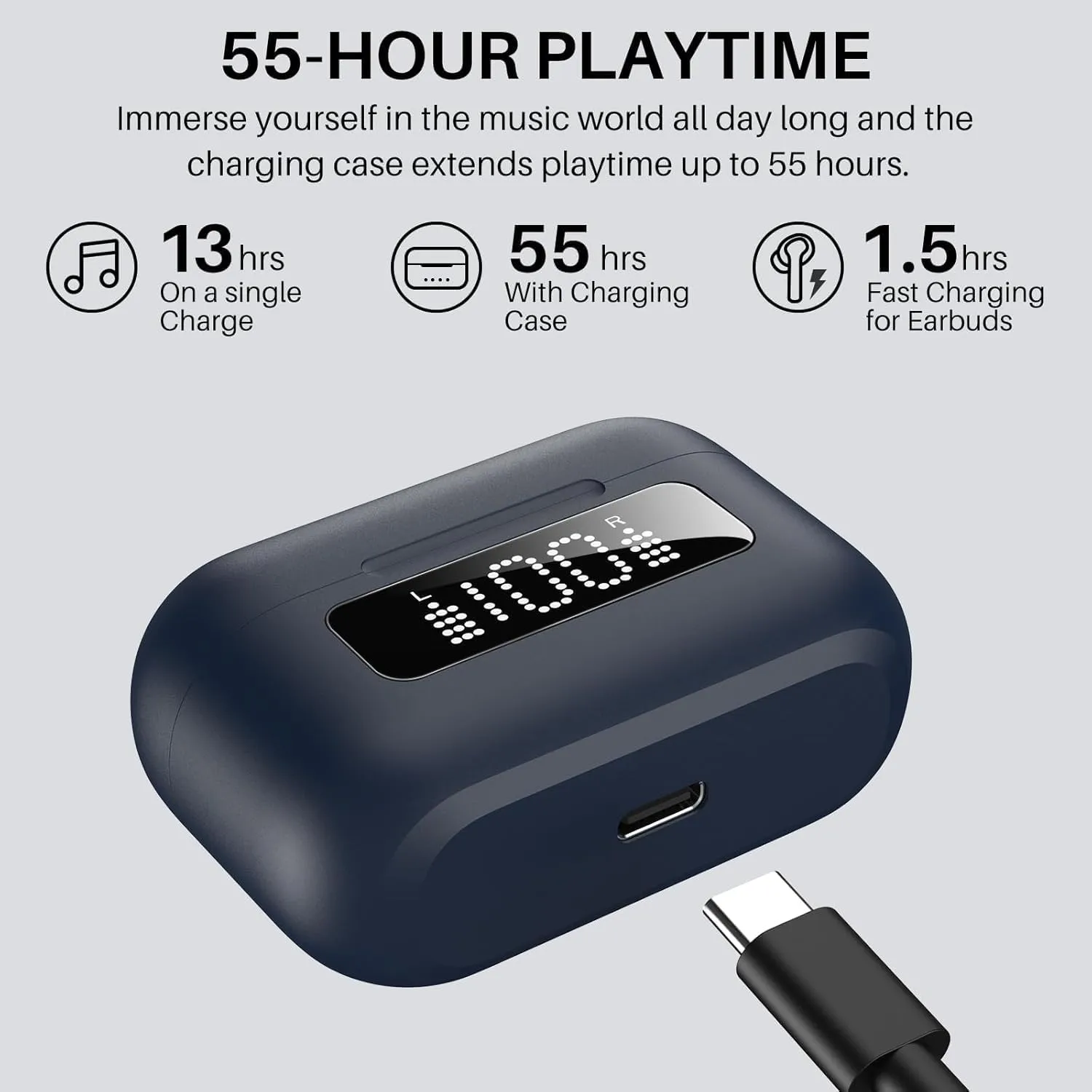 TOZO Hybrid Active Noise Cancelling Wireless Earbuds with 6 Mics AI Clear Call Ear Buds 55H Playtime with LED Display 32 Preset EQs via APP Bluetooth 5.3 IPX8 Waterproof in Ear Headphones
