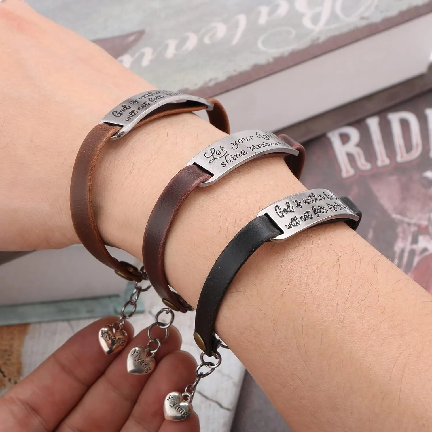 UNQJRY Leather Bracelet for Women Teens Christian Engraved Ornament Jewelry Gift Inspirational Vintage Stretch Religion Bible Verse Christmas Gifts