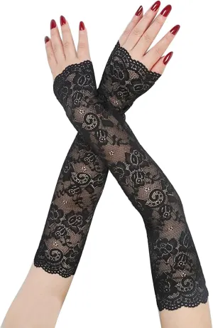 UV Protection Lace Arm Sleeves, Women's Floral Lace Sleeves Hollow Out Long Sunscreen Gloves Fingerless Driving Gloves