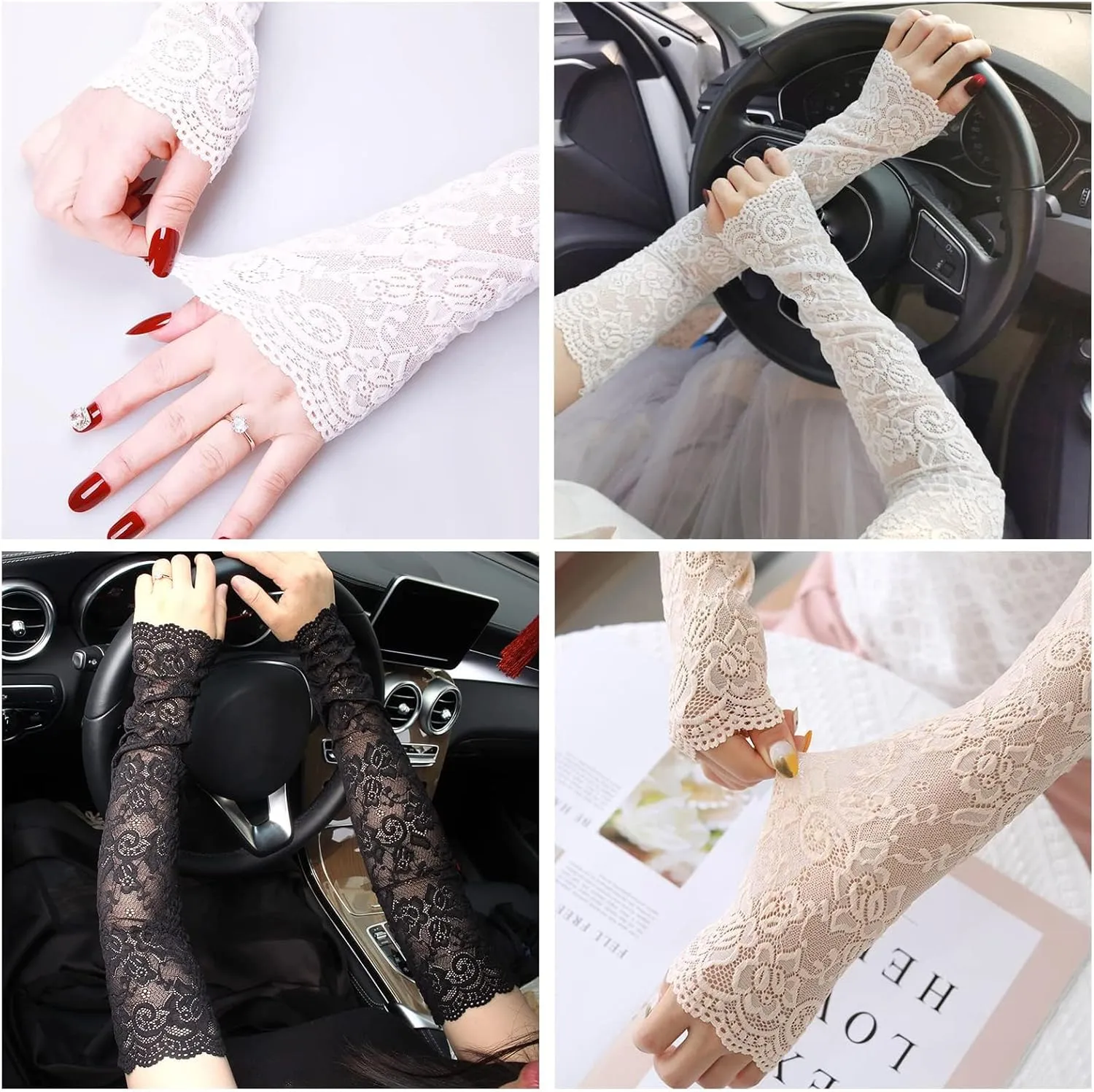 UV Protection Lace Arm Sleeves, Women's Floral Lace Sleeves Hollow Out Long Sunscreen Gloves Fingerless Driving Gloves