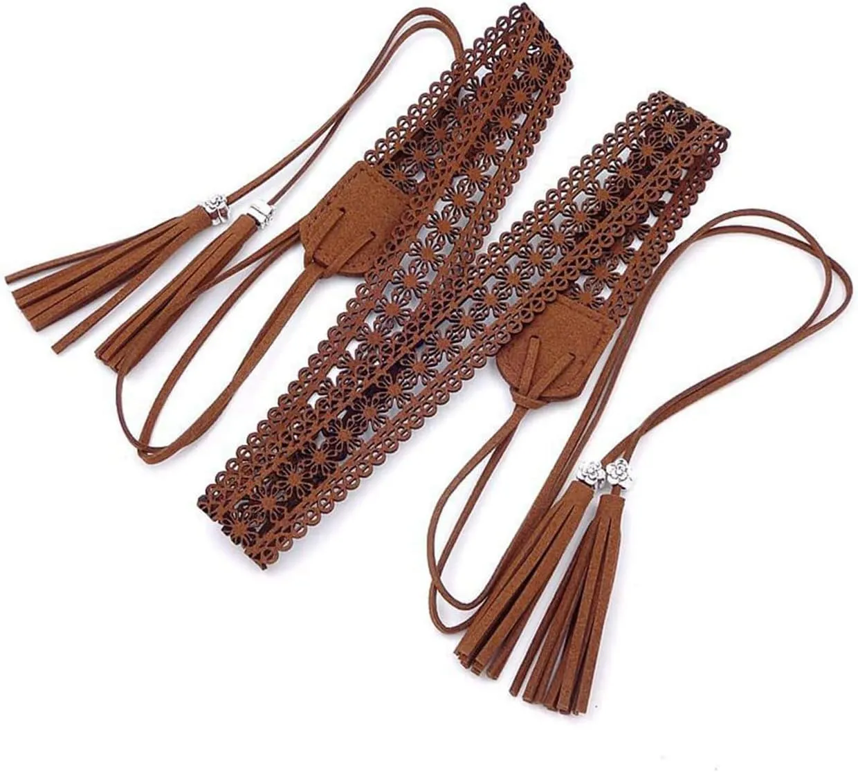 Verdusa Women's Boho Tie Waist Belt Tassel Hollow Out Leather Belts