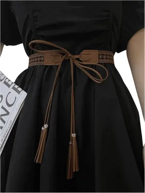 Verdusa Women's Boho Tie Waist Belt Tassel Hollow Out Leather Belts