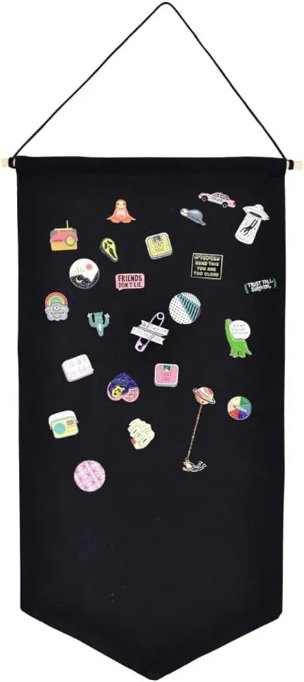 Wall Hanging Brooch Jewelry Storage Case Canvas Display Stand Enamel Pin Display Banner Holder Earrings Necklace Glitter Pin Collection Organizer (Black)