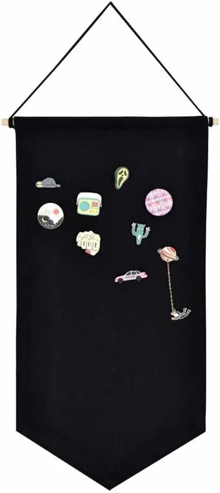 Wall Hanging Brooch Jewelry Storage Case Canvas Display Stand Enamel Pin Display Banner Holder Earrings Necklace Glitter Pin Collection Organizer (Black)