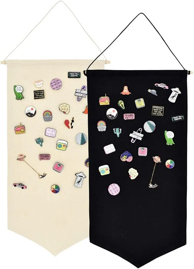 Wall Hanging Brooch Jewelry Storage Case Canvas Display Stand Enamel Pin Display Banner Holder Earrings Necklace Glitter Pin Collection Organizer (Black)