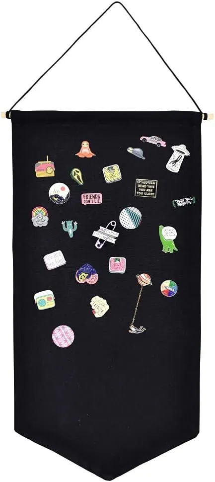 Wall Hanging Brooch Jewelry Storage Case Canvas Display Stand Enamel Pin Display Banner Holder Earrings Necklace Glitter Pin Collection Organizer (Black)