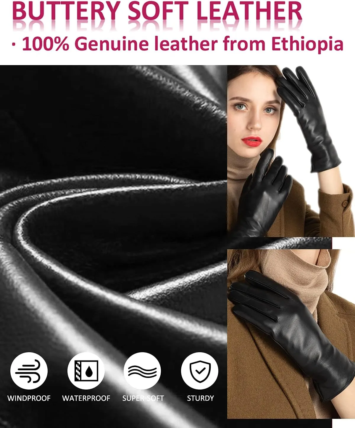 Winter Leather Gloves for Women, Premium Sheepskin Warm Gloves for Cold Weather, Fleece Lining Touch Screen Glove