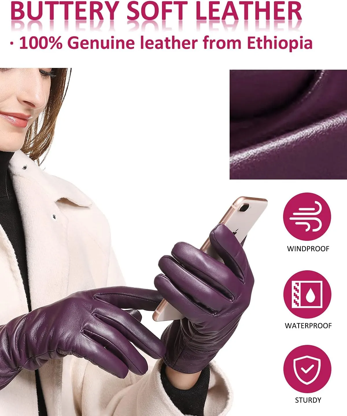 Winter Leather Gloves for Women, Premium Sheepskin Warm Gloves for Cold Weather, Fleece Lining Touch Screen Glove