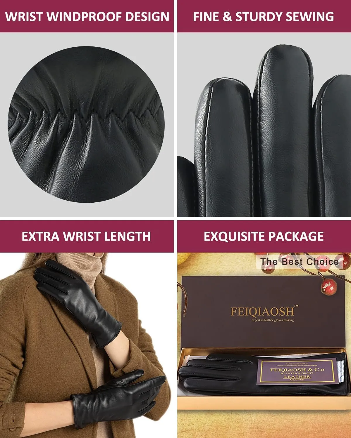 Winter Leather Gloves for Women, Premium Sheepskin Warm Gloves for Cold Weather, Fleece Lining Touch Screen Glove