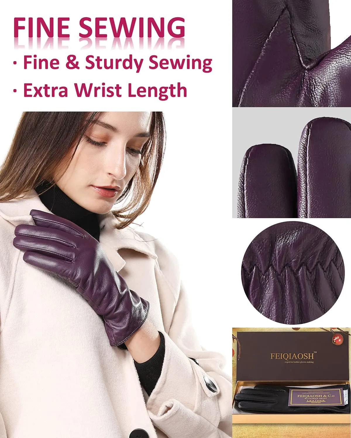 Winter Leather Gloves for Women, Premium Sheepskin Warm Gloves for Cold Weather, Fleece Lining Touch Screen Glove