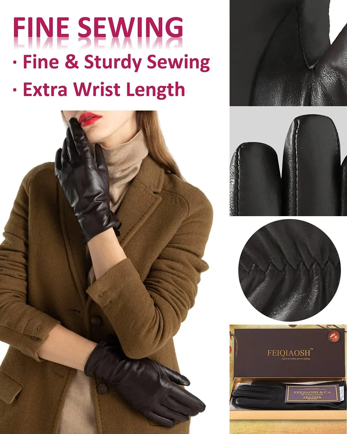 Winter Leather Gloves for Women, Premium Sheepskin Warm Gloves for Cold Weather, Fleece Lining Touch Screen Glove