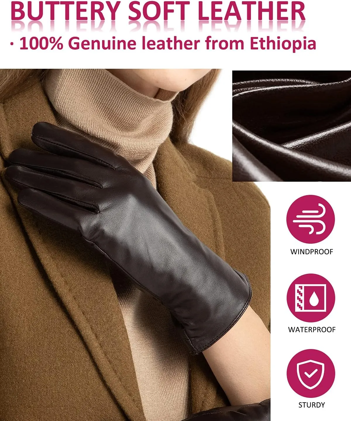 Winter Leather Gloves for Women, Premium Sheepskin Warm Gloves for Cold Weather, Fleece Lining Touch Screen Glove