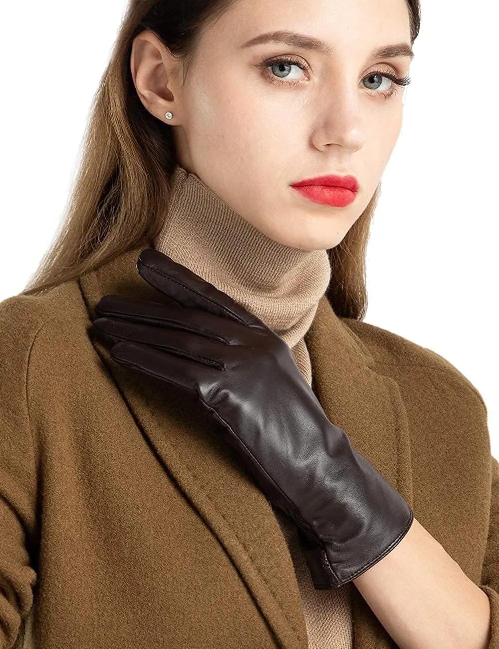 Winter Leather Gloves for Women, Premium Sheepskin Warm Gloves for Cold Weather, Fleece Lining Touch Screen Glove