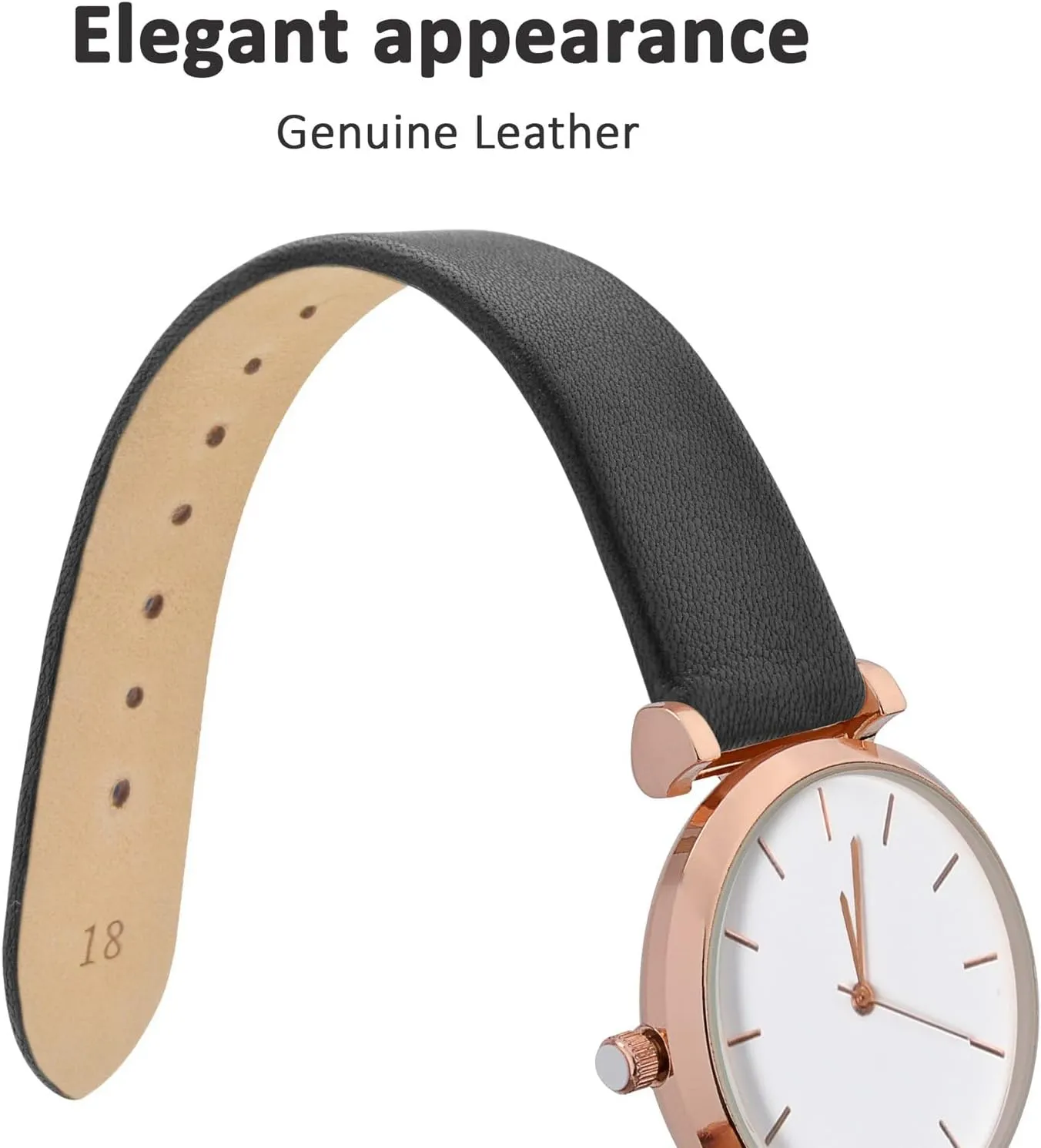 WOCCI 18mm Lug Width, Elegant Watch Band, Genuine Leather Replacement Strap with Gold Buckle (Black)