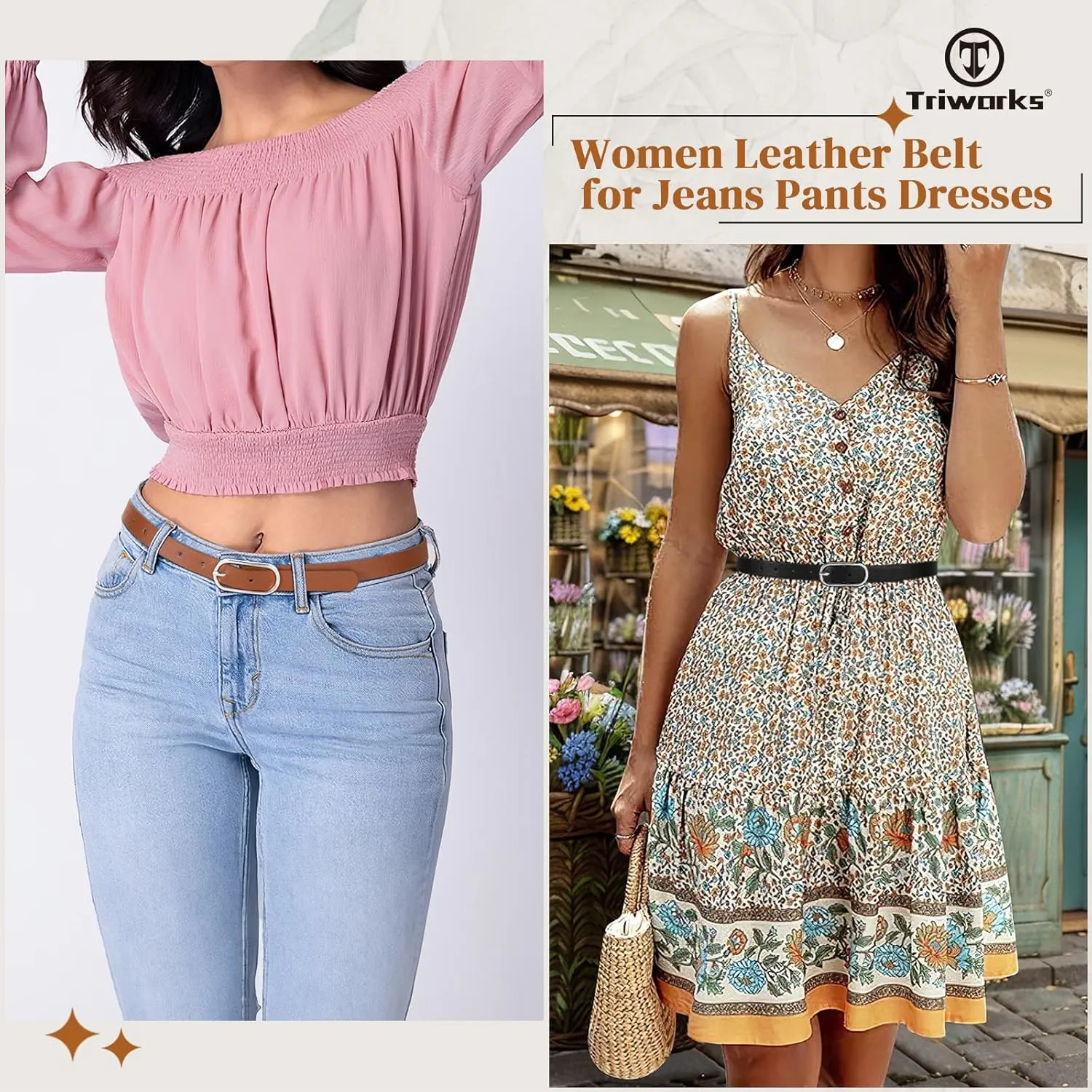 Women Skinny Leather Belt for Dress Pants Jeans Ladies Thin Waist Belts with Gold Buckle