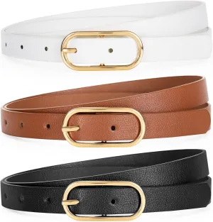 Women Skinny Leather Belt for Dress Pants Jeans Ladies Thin Waist Belts with Gold Buckle