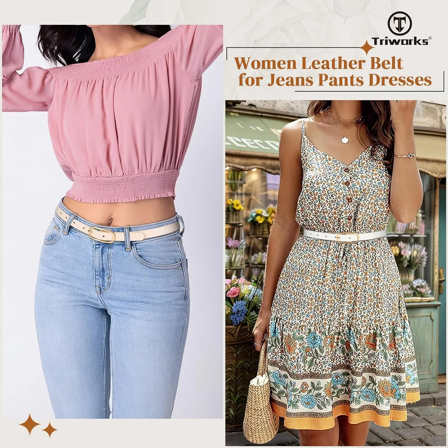 Women Skinny Leather Belt for Dress Pants Jeans Ladies Thin Waist Belts with Gold Buckle