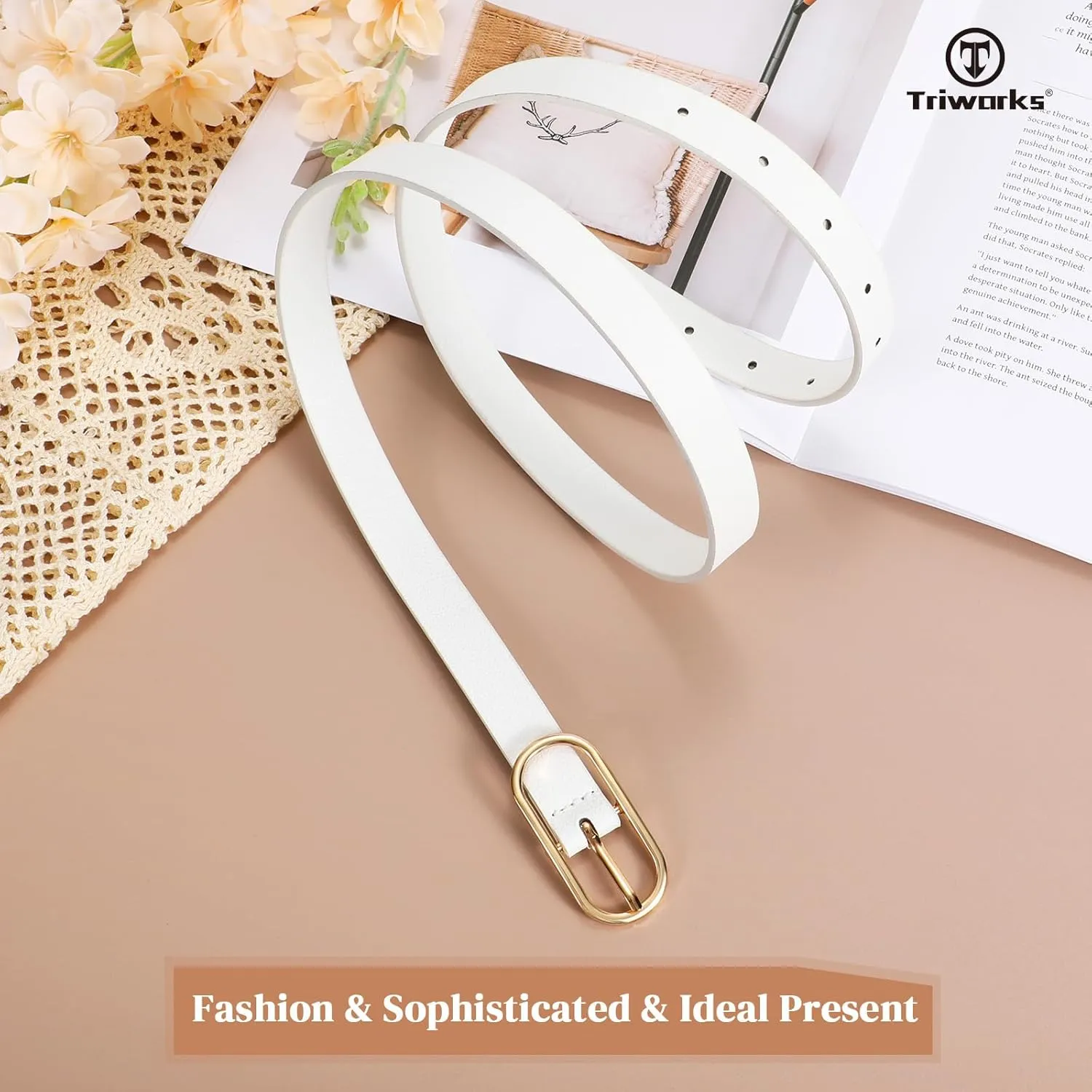 Women Skinny Leather Belt for Dress Pants Jeans Ladies Thin Waist Belts with Gold Buckle