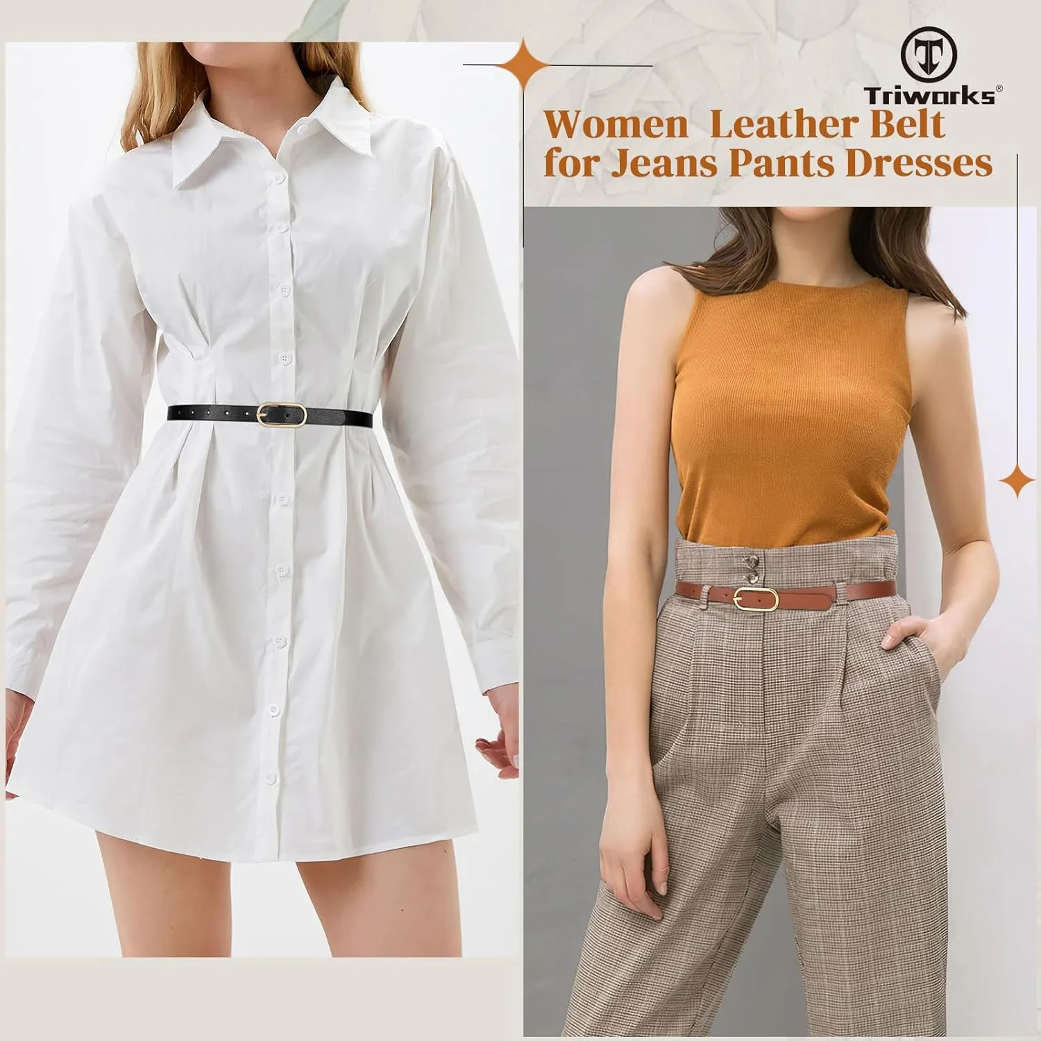Women Skinny Leather Belt for Dress Pants Jeans Ladies Thin Waist Belts with Gold Buckle