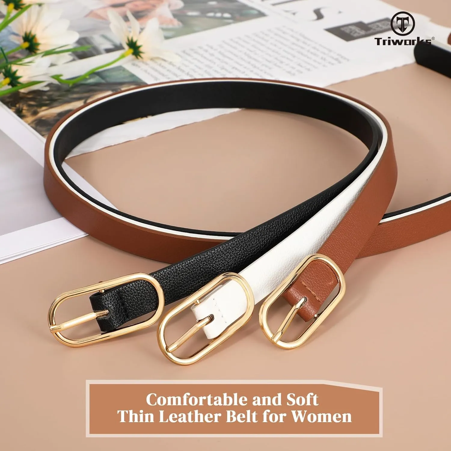 Women Skinny Leather Belt for Dress Pants Jeans Ladies Thin Waist Belts with Gold Buckle