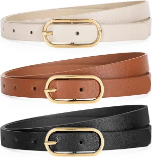 Women Skinny Leather Belt for Dress Pants Jeans Ladies Thin Waist Belts with Gold Buckle