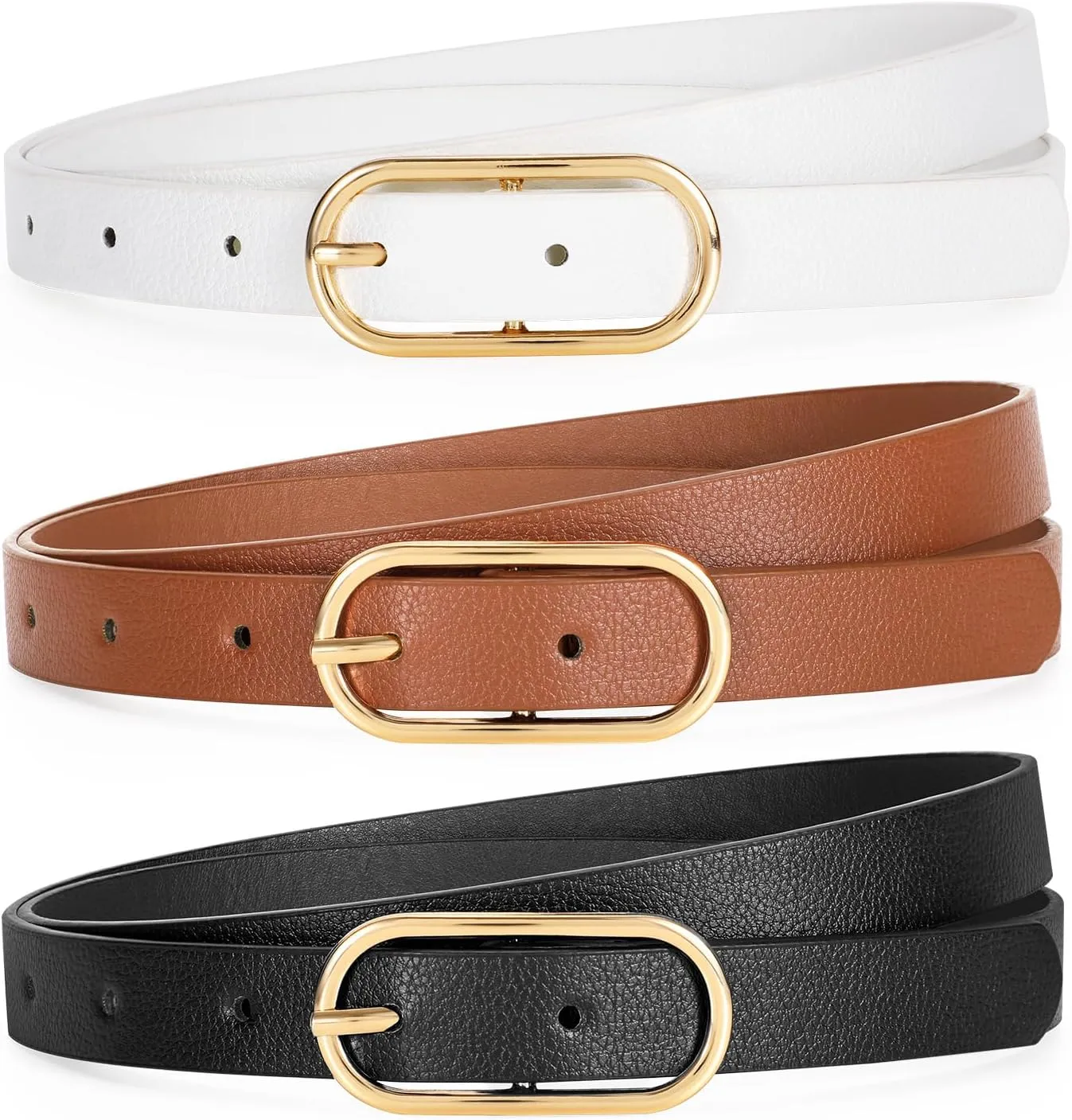 Women Skinny Leather Belt for Dress Pants Jeans Ladies Thin Waist Belts with Gold Buckle