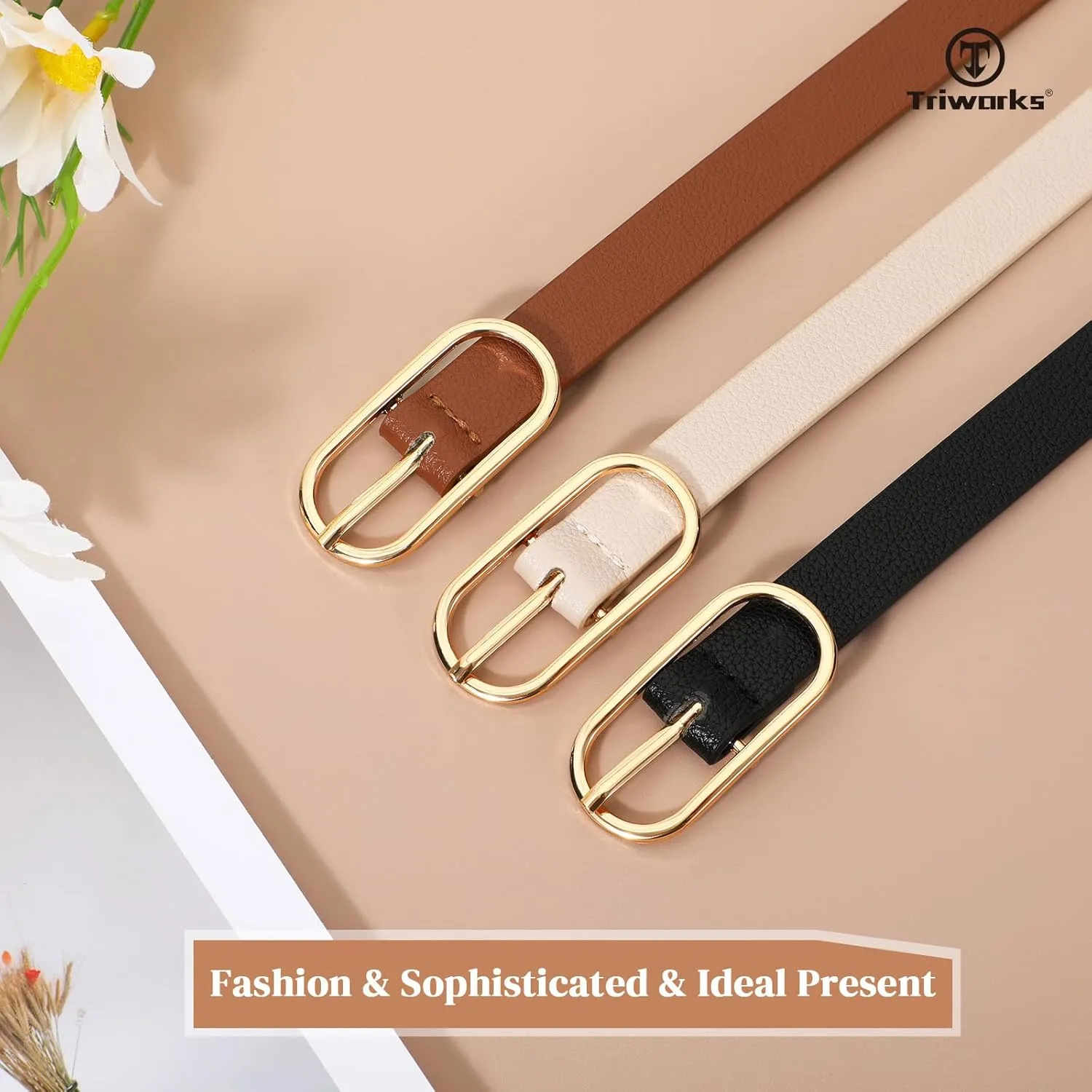 Women Skinny Leather Belt for Dress Pants Jeans Ladies Thin Waist Belts with Gold Buckle