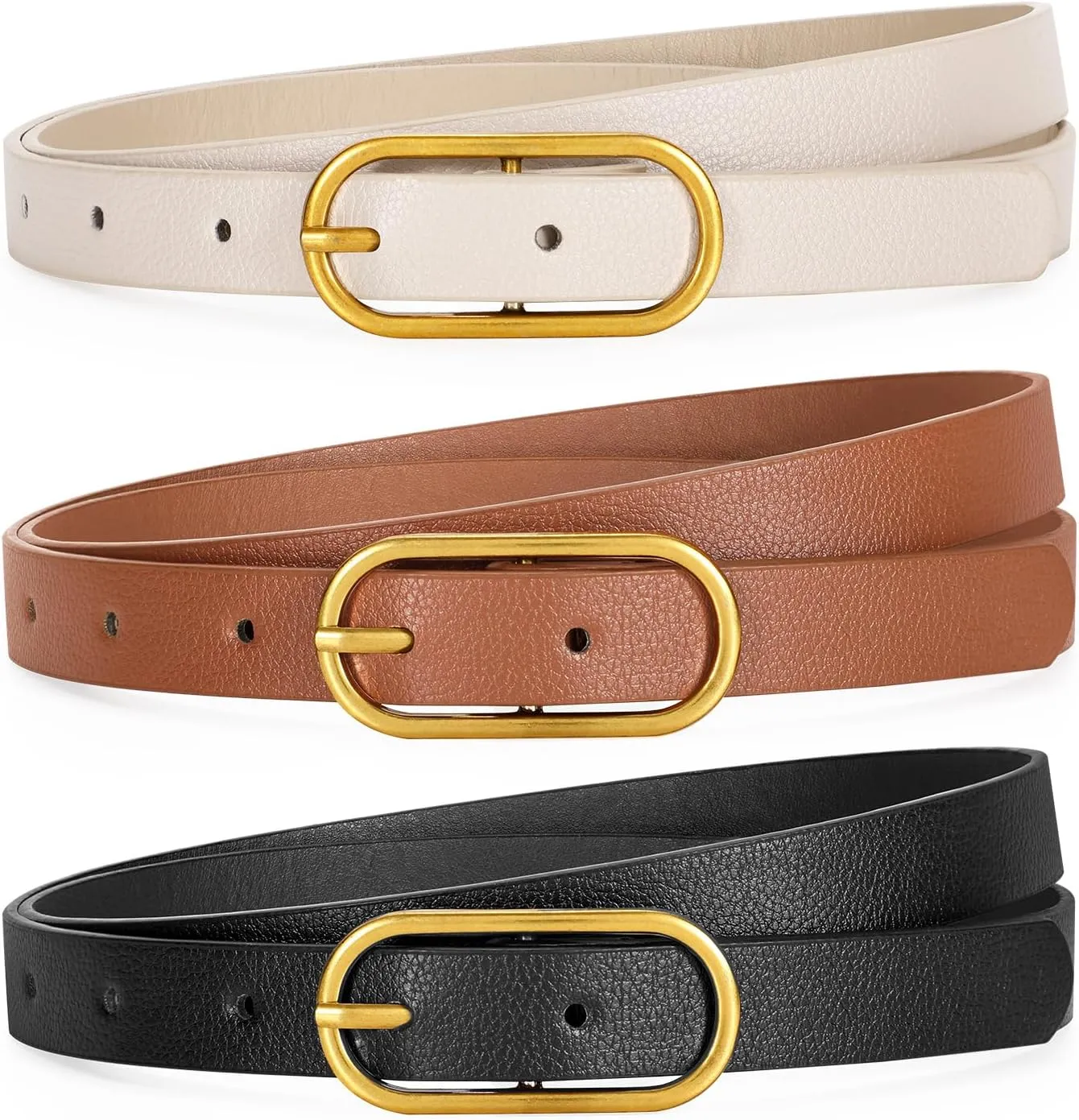 Women Skinny Leather Belt for Dress Pants Jeans Ladies Thin Waist Belts with Gold Buckle