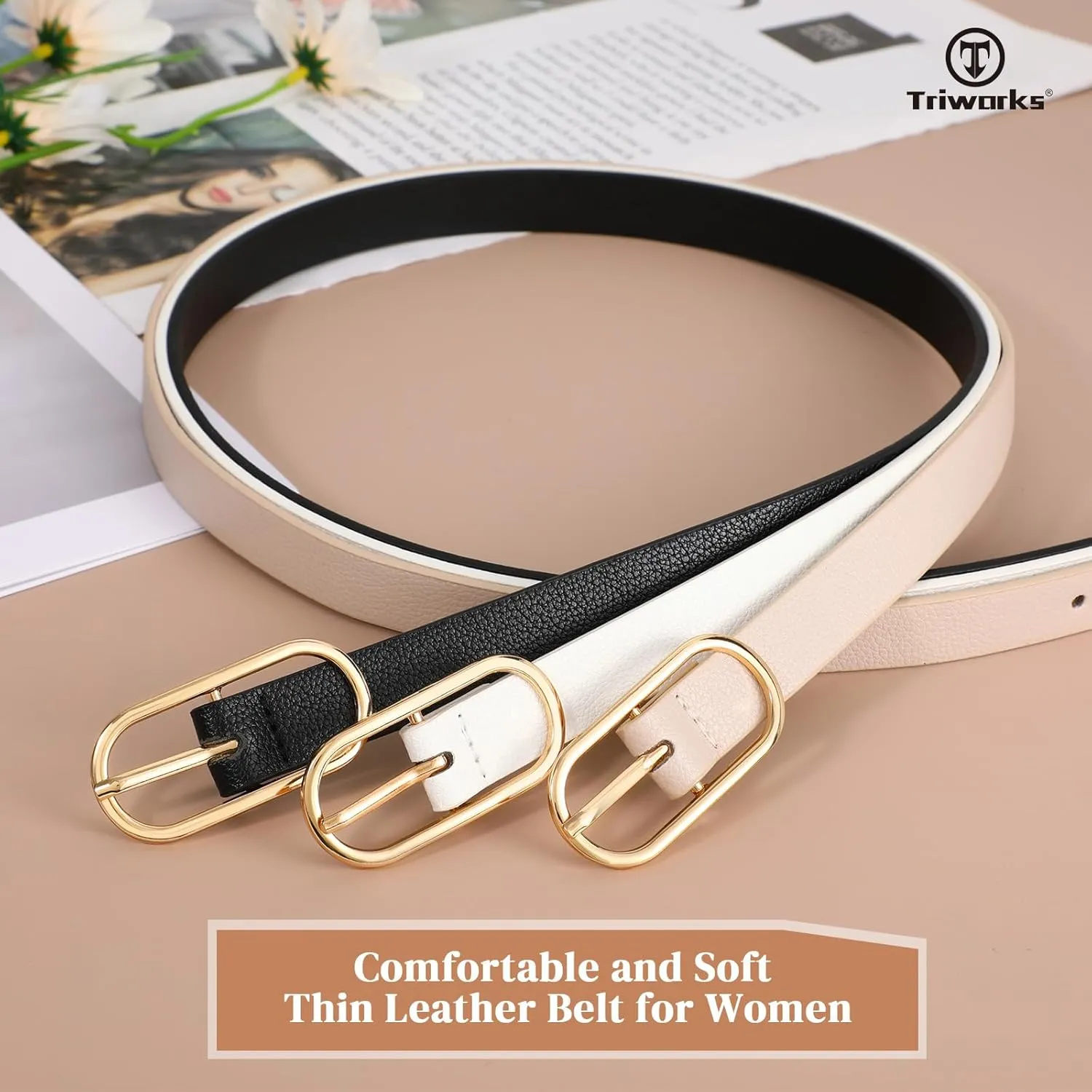 Women Skinny Leather Belt for Dress Pants Jeans Ladies Thin Waist Belts with Gold Buckle