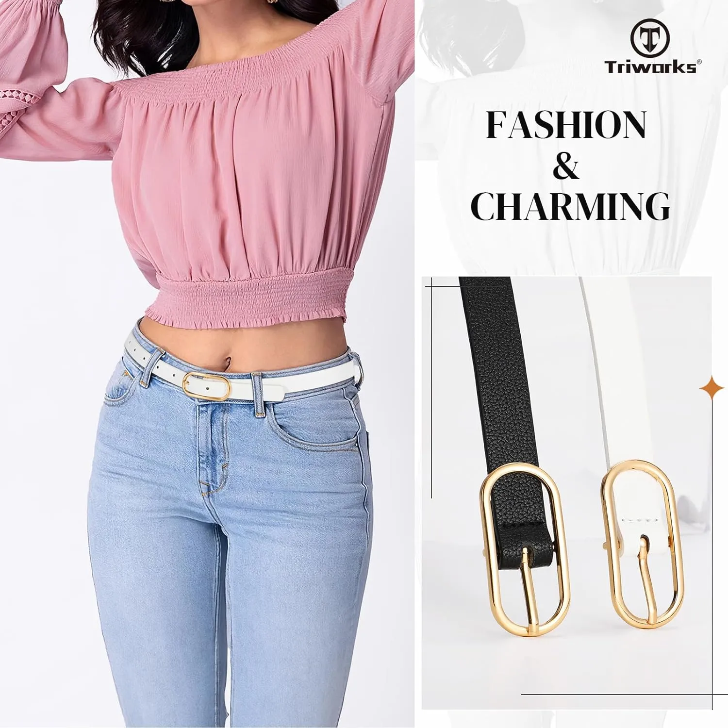 Women Skinny Leather Belt for Dress Pants Jeans Ladies Thin Waist Belts with Gold Buckle