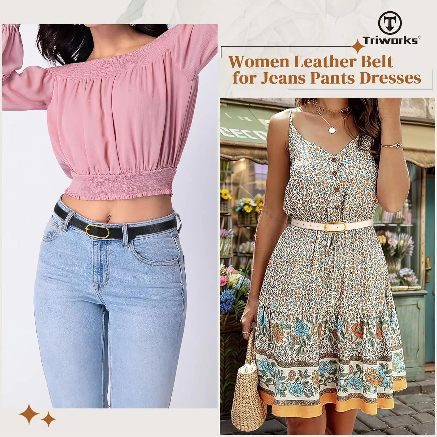 Women Skinny Leather Belt for Dress Pants Jeans Ladies Thin Waist Belts with Gold Buckle