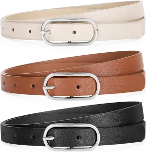 Women Skinny Leather Belt for Dress Pants Jeans Ladies Thin Waist Belts with Gold Buckle