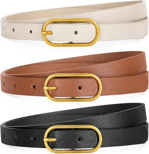 Women Skinny Leather Belt for Dress Pants Jeans Ladies Thin Waist Belts with Gold Buckle