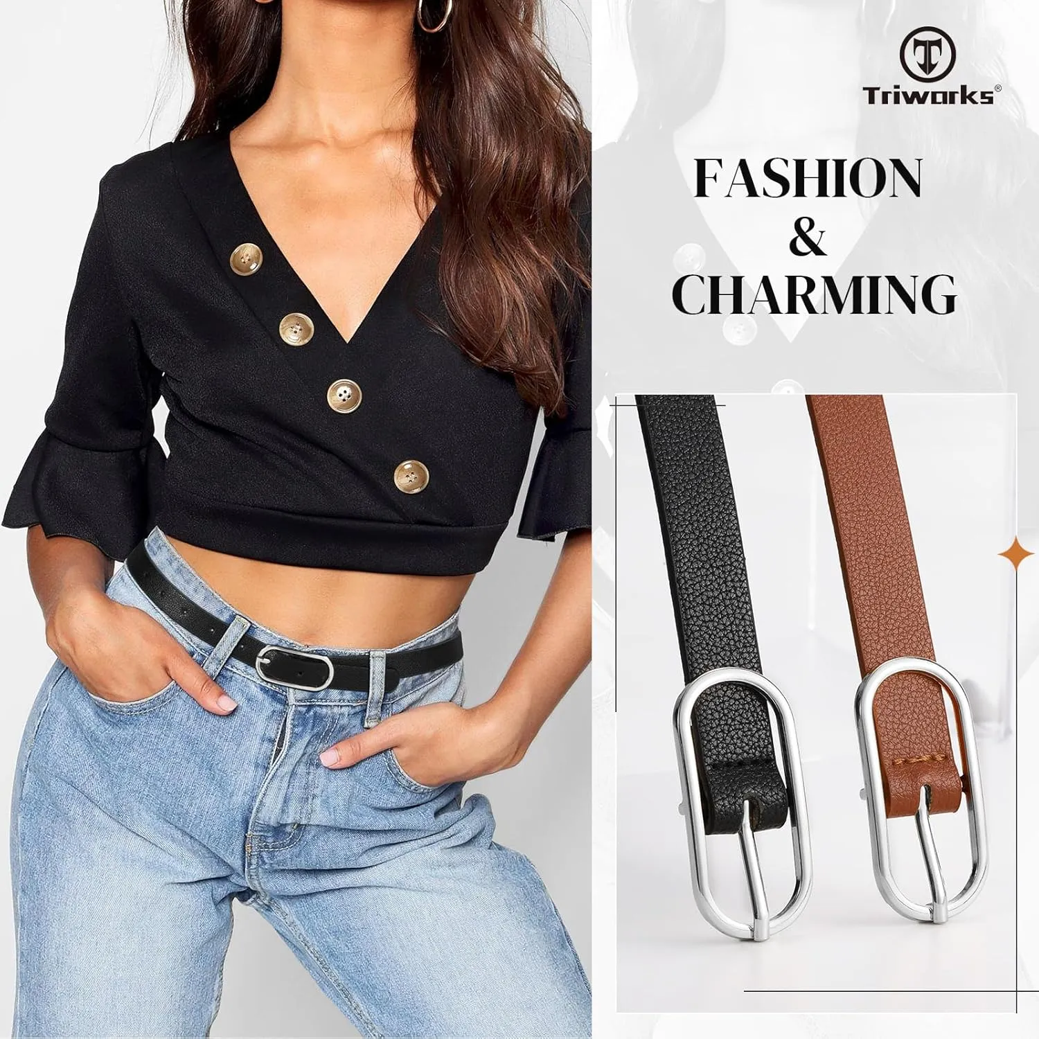 Women Skinny Leather Belt for Dress Pants Jeans Ladies Thin Waist Belts with Gold Buckle