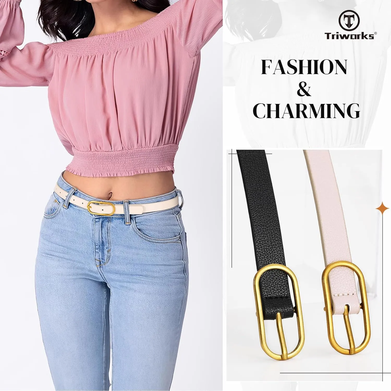 Women Skinny Leather Belt for Dress Pants Jeans Ladies Thin Waist Belts with Gold Buckle