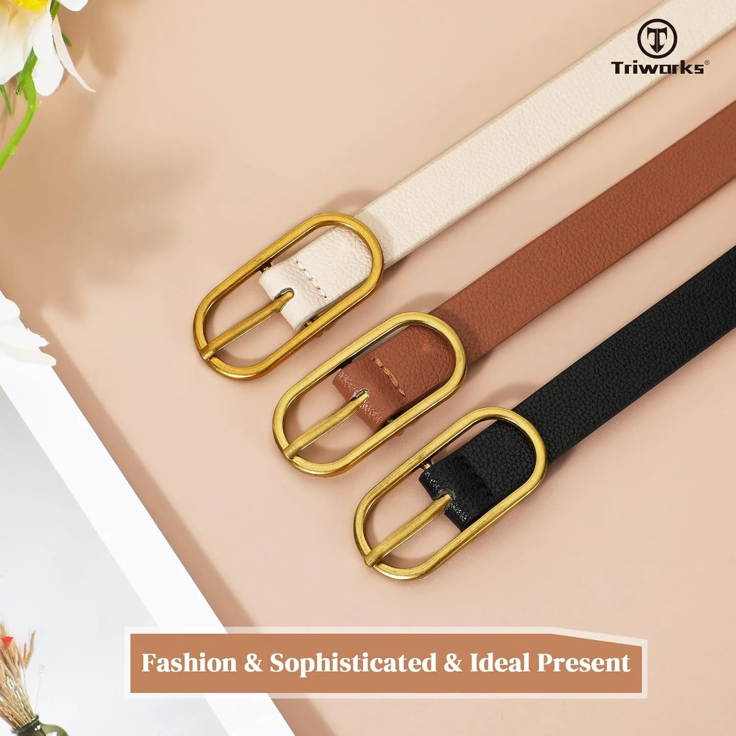 Women Skinny Leather Belt for Dress Pants Jeans Ladies Thin Waist Belts with Gold Buckle