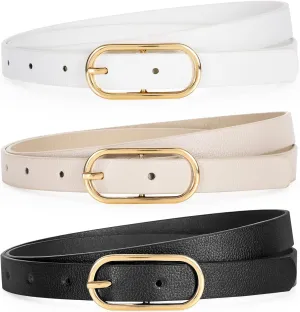 Women Skinny Leather Belt for Dress Pants Jeans Ladies Thin Waist Belts with Gold Buckle
