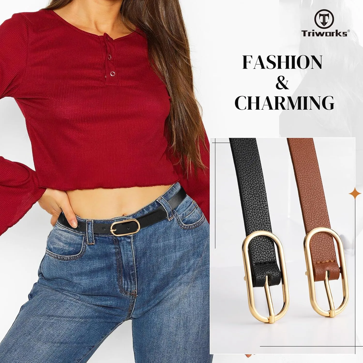 Women Skinny Leather Belt for Dress Pants Jeans Ladies Thin Waist Belts with Gold Buckle