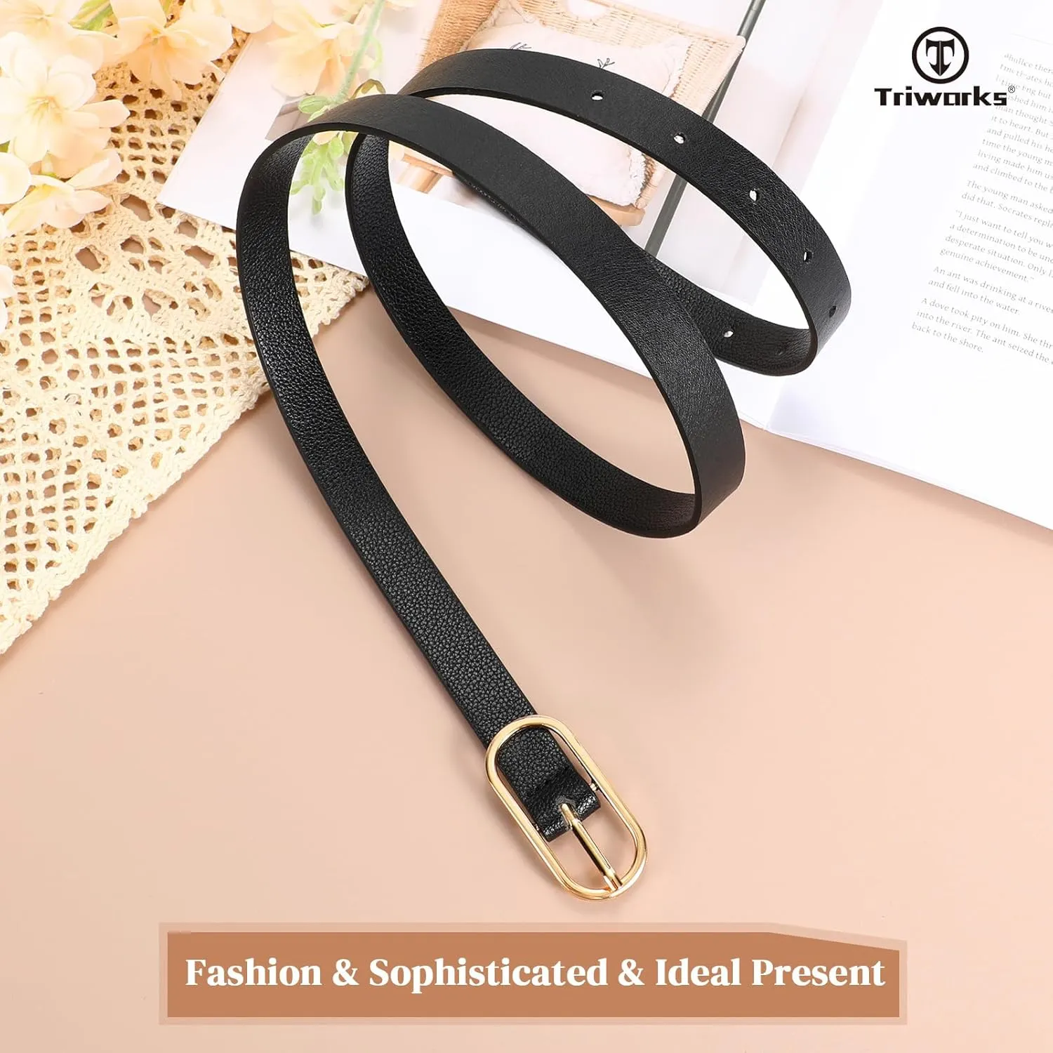 Women Skinny Leather Belt for Dress Pants Jeans Ladies Thin Waist Belts with Gold Buckle