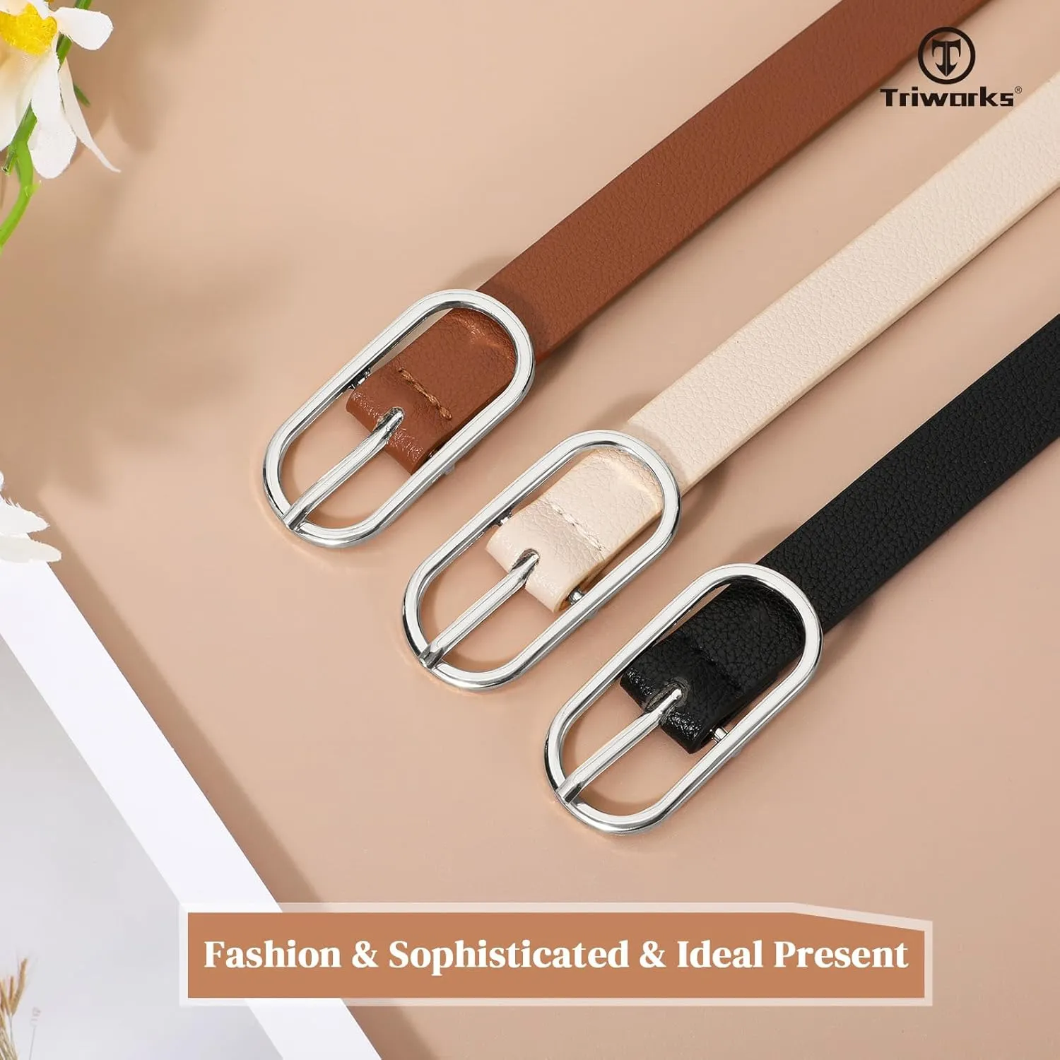 Women Skinny Leather Belt for Dress Pants Jeans Ladies Thin Waist Belts with Gold Buckle