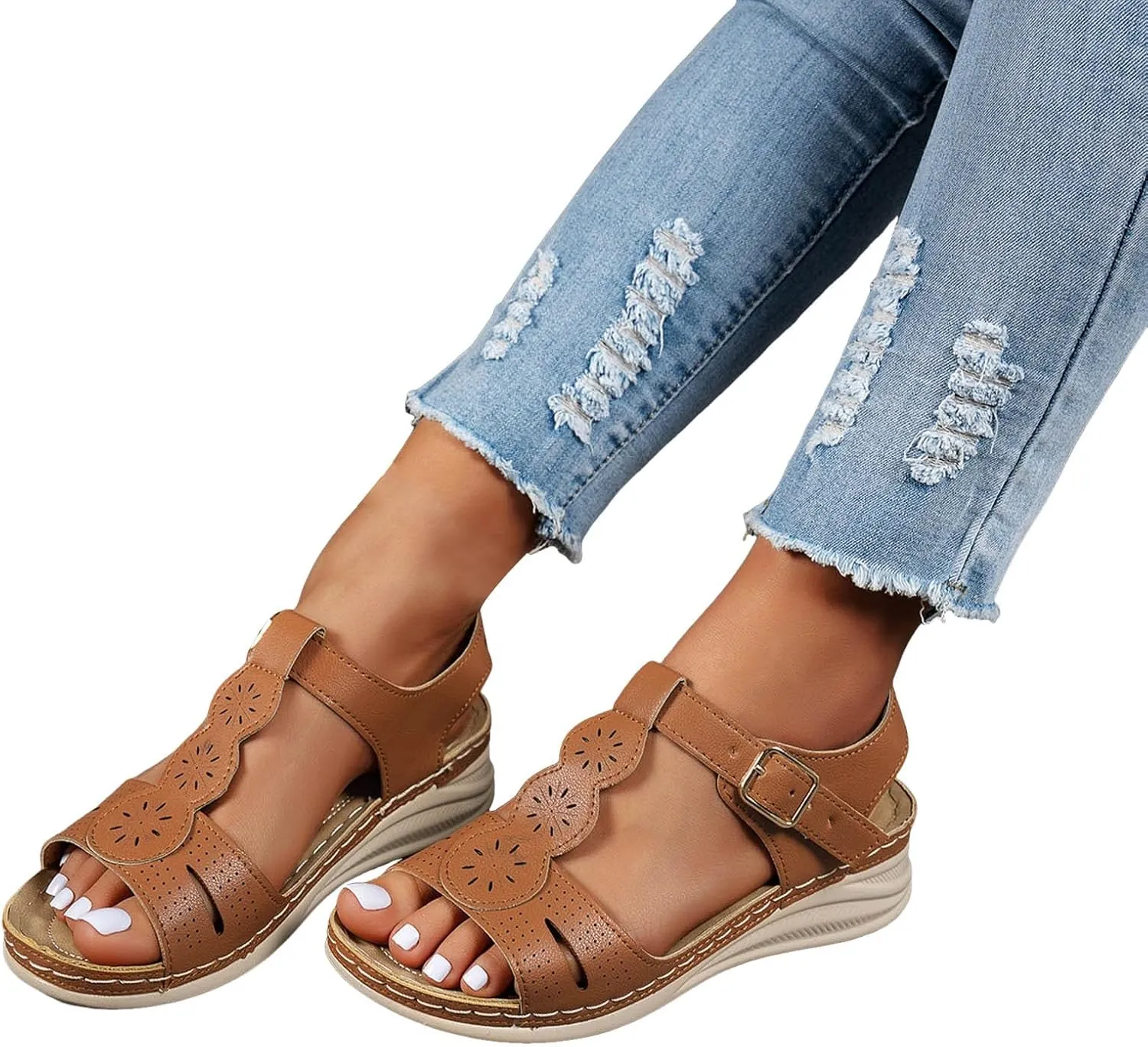 Women's Orthopedic Wedge Sport Sandals with Arch Support 2025 Summer Casual Fashionable T-strap Open Toe Hollow Out Asjustable Ankle Strap Sandals Beach Vacation Walking Platform Sandal