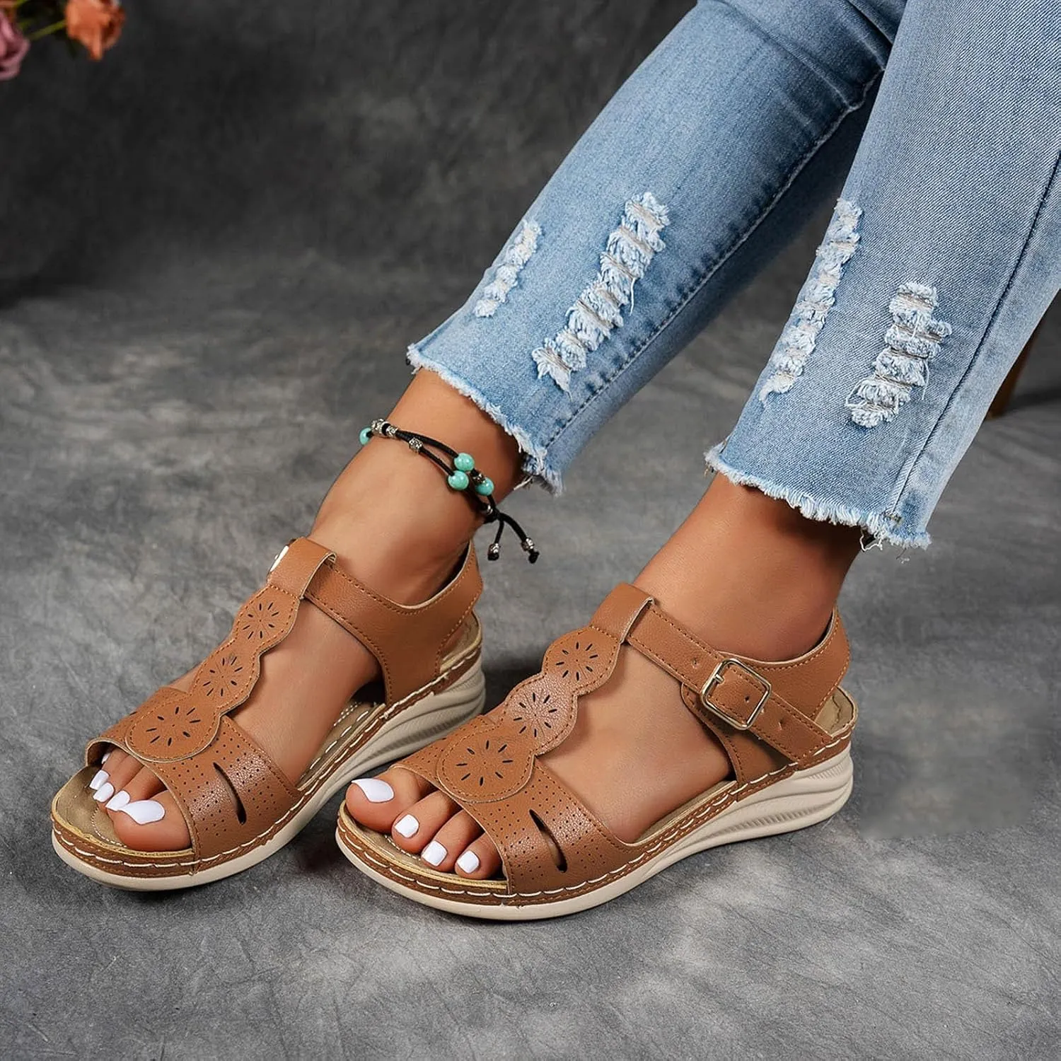 Women's Orthopedic Wedge Sport Sandals with Arch Support 2025 Summer Casual Fashionable T-strap Open Toe Hollow Out Asjustable Ankle Strap Sandals Beach Vacation Walking Platform Sandal